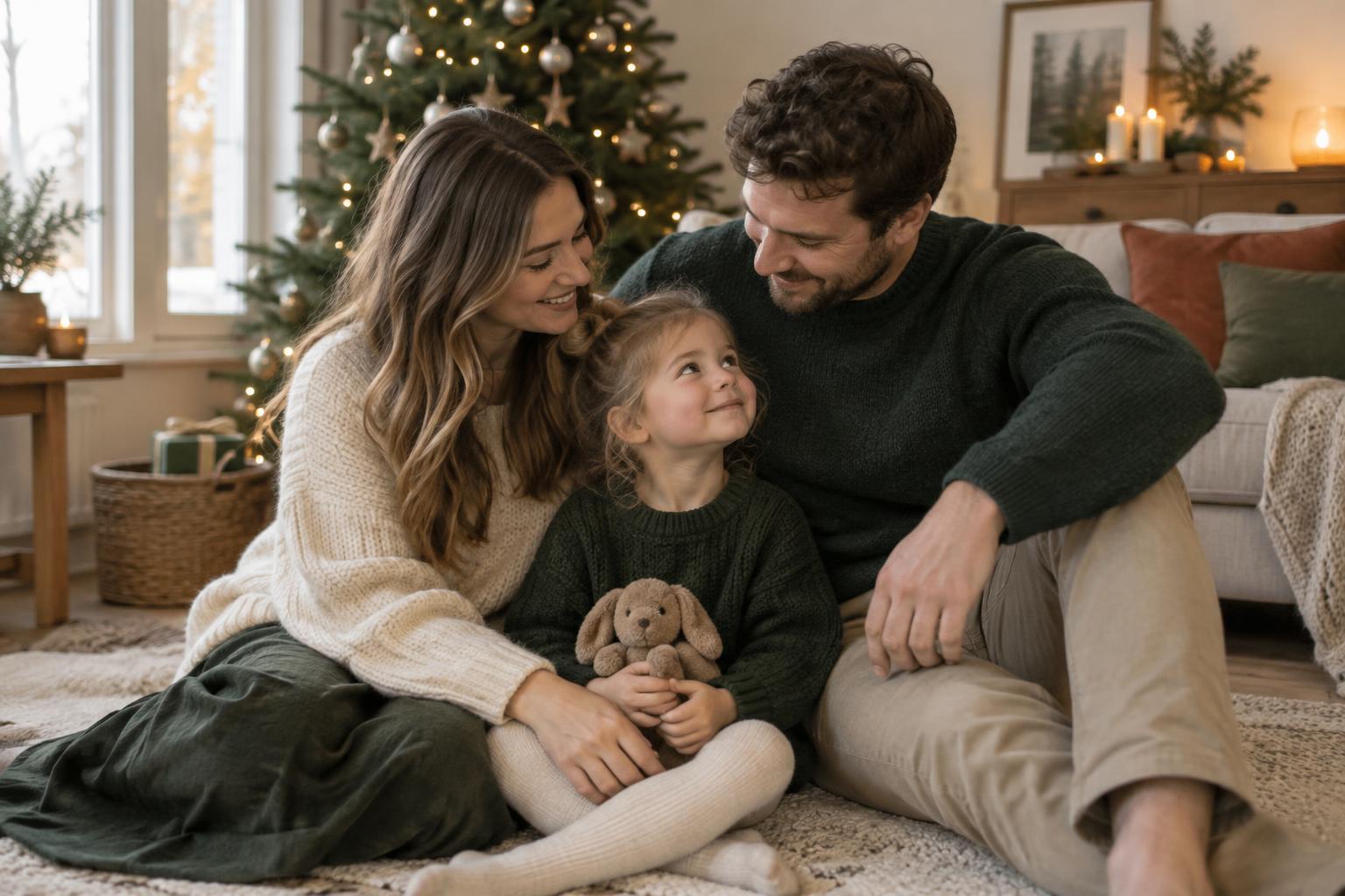 Familia junto al árbol de Navidad en un salón cálido